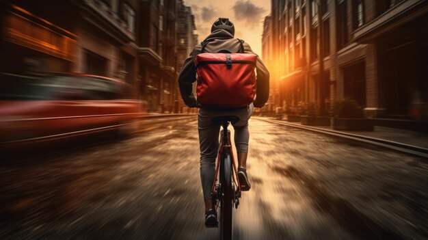 Immagine generativa ai di un fattorino che va in bicicletta su una strada cittadina con un grande zaino al tramonto