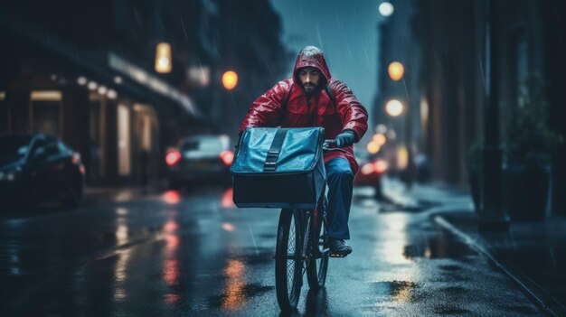 Immagine generativa ai di un fattorino che va in bicicletta su una strada cittadina con un grande zaino sotto la pioggia