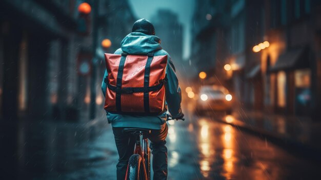 Immagine generativa ai di un fattorino che va in bicicletta su una strada cittadina con un grande zaino sotto la pioggia