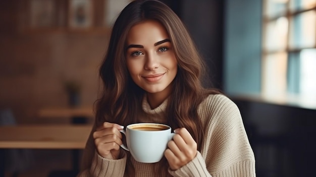 Immagine generativa AI di una giovane donna sbalorditiva che si gode il caffè