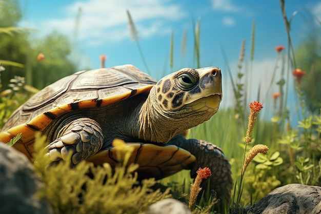 Immagine generativa AI di una tartaruga che cammina nell'erba verde in una giornata luminosa