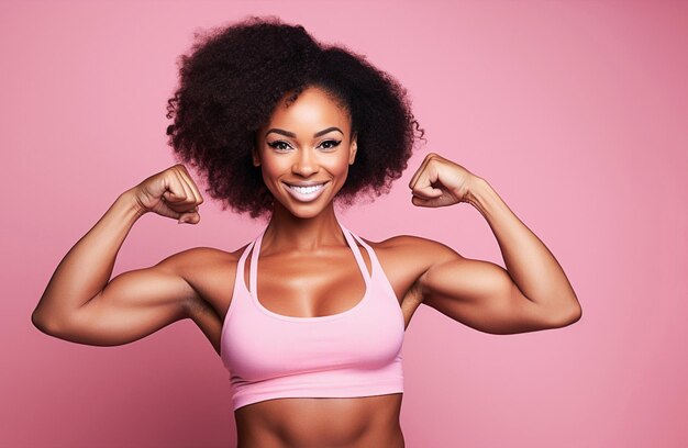 Immagine generativa ai Giovane bella afroamericana che mostra il suo muscolo forte