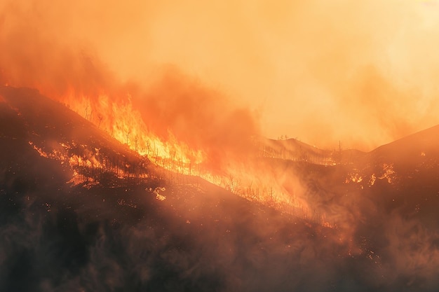 Immagine generativa dell'AI di un incendio forestale con fiamma calda e fumo denso