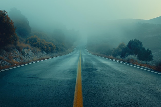 Immagine generativa dell'AI di una strada con un cielo di nebbia spessa
