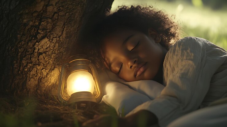 Immagine generativa dell'IA di una bambina carina che dorme pacificamente con una lanterna calda sotto l'albero