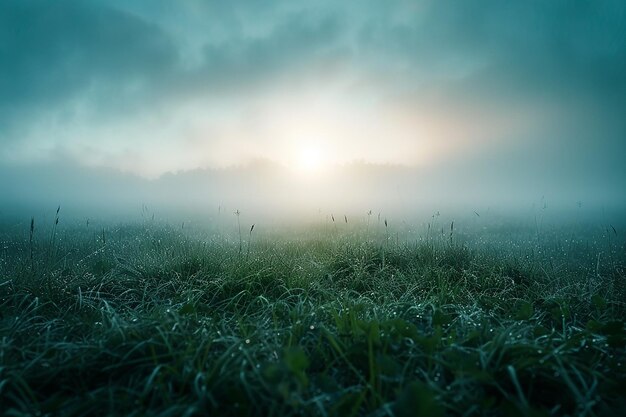 Immagine generativa di AI dell'erba verde in un campo con sfondo di nebbia spessa