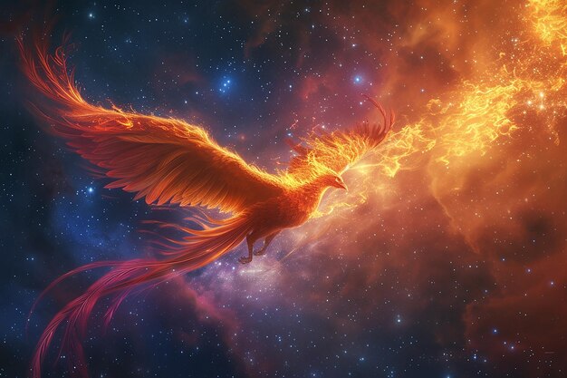 Immagine generativa di AI dell'uccello fenice ardente che vola nello spazio con Galaxy Sky