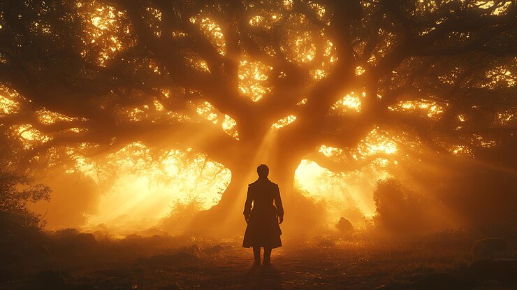 Immagine generativa di AI della silhouette del principe nella foresta incantata circondata da alberi antichi