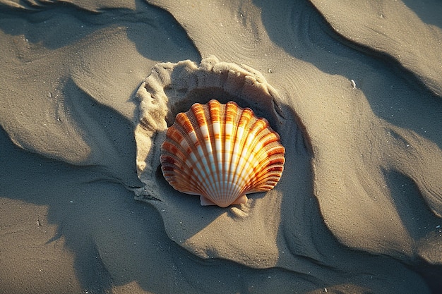 Immagine generativa di AI della vista superiore di una conchiglia marina con sabbia ondulata sulla spiaggia