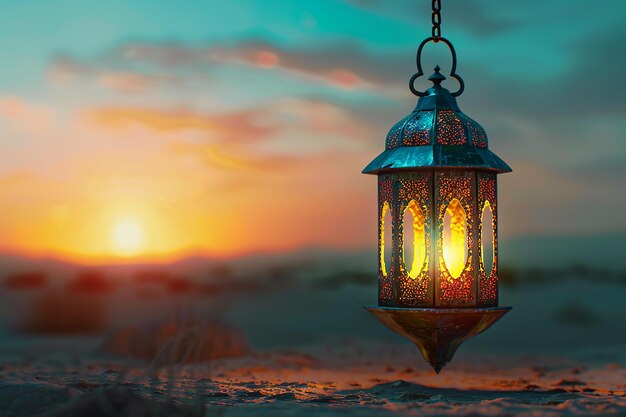 Immagine generativa di AI dello sfondo della lanterna islamica del Ramadan nel deserto al tramonto