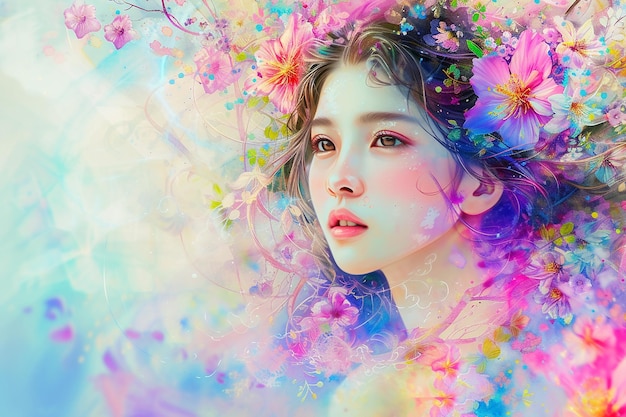 Immagine generativa di AI di acquerello Bella ragazza giapponese che dipinge con fiori di ciliegio colorati