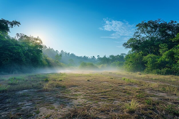 Immagine generativa di AI di alberi in campo con nebbia in cielo luminoso