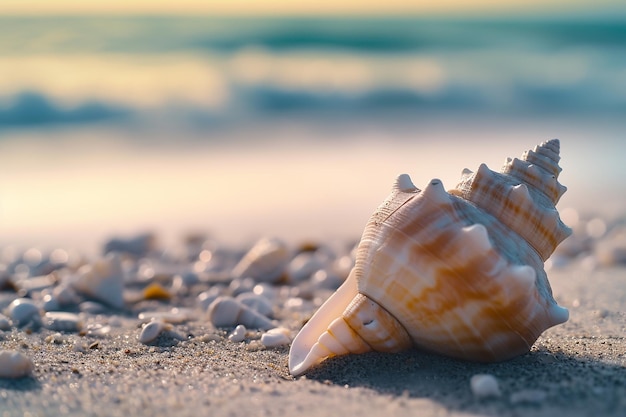 Immagine generativa di AI di conchiglie sulla sabbia della spiaggia con paesaggio marino