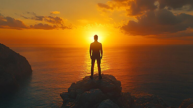 Immagine generativa di AI di retrospettiva Silhouette di un uomo in piedi sul bordo di una scogliera sulla spiaggia al tramonto