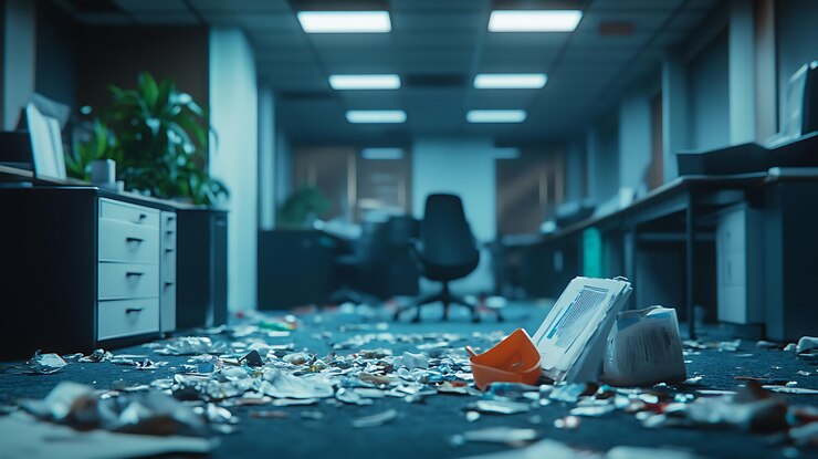 Immagine generativa di AI di spazzatura sparsi spazzaturi spazzature in un ufficio moderno sporco