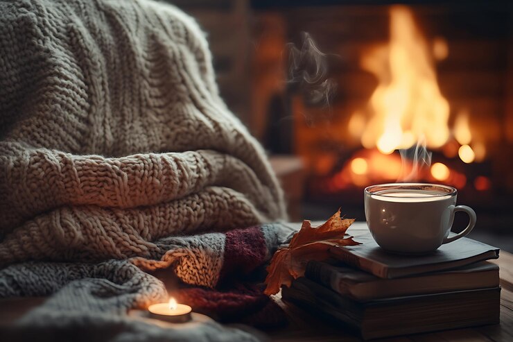 Immagine generativa di AI di un accogliente falò caldo all'interno della casa con divano in stagione invernale
