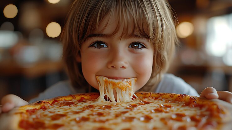 Immagine generativa di AI di un bambino carino che mangia una pizza al formaggio con un'espressione sorridente