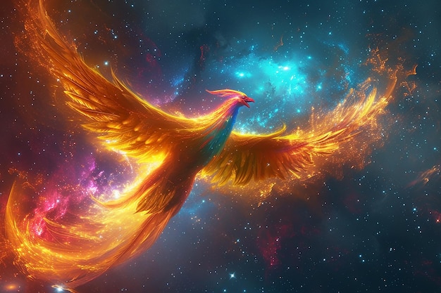 Immagine generativa di AI di un bellissimo uccello fenice che vola nello spazio con Galaxy Sky