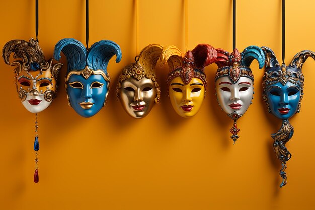 Immagine generativa di AI di una collezione di maschere di carnevale su sfondo arancione