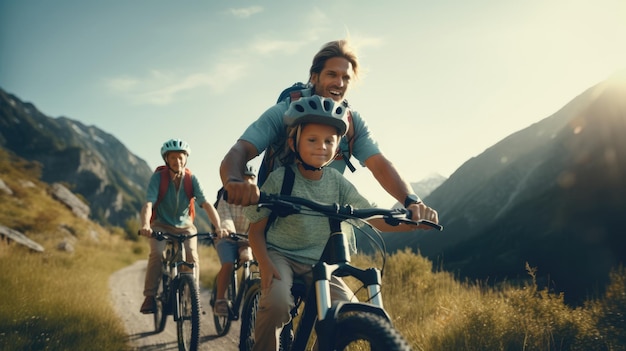 Immagine generativa di Famiglia Mamma Papà e bambini in bicicletta in una zona montuosa turisti