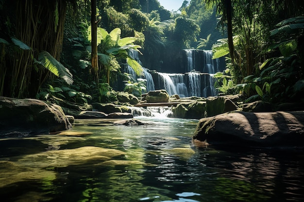 Immagine generativa di IA di cascata fresca che scorre in un fiume con piante verdi nella foresta tropicale