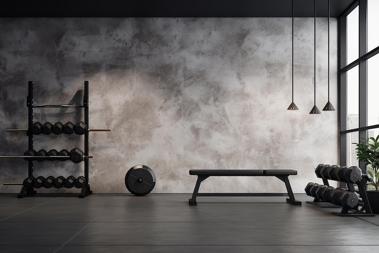 Immagine generativa di IA di panchina con piastre di peso in ferro nella sala fitness della palestra