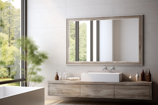 Immagine generativa di IA di specchio rettangolare sulla parete del bagno con lavandino e design moderno