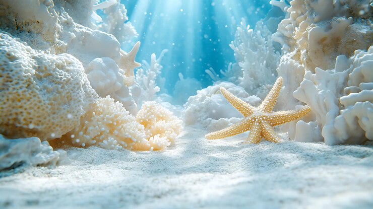 Immagine generativa di IA di stelle marine con coralli e sabbia in mare