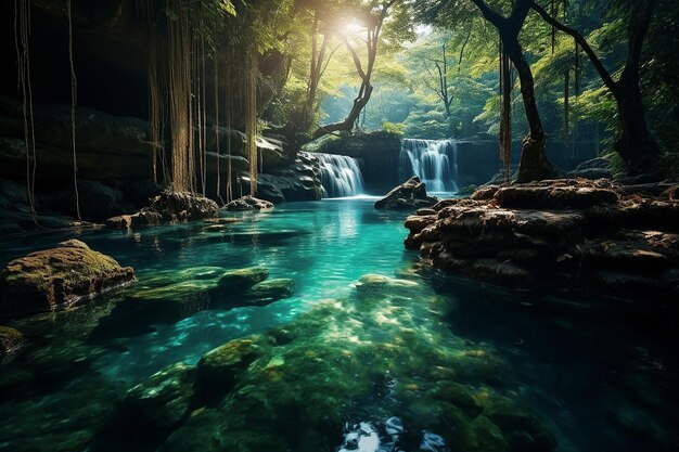 Immagine generativa di IA di una cascata in foresta con acqua turchese in un giorno luminoso