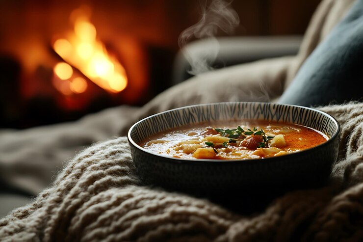 Immagine generativa di IA di una ciotola di zuppa al vapore con illuminazione calda e carta da parati per il falò
