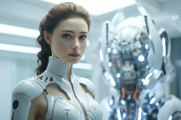 Immagine generativa di IA di una donna cyborg futuristica in una stanza di laboratorio