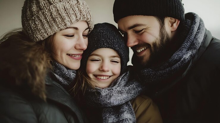 Immagine generativa di IA di una famiglia felice che indossa abiti per il freddo invernale con uno sfondo vuoto di colore scuro
