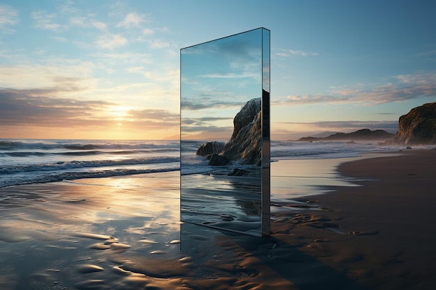 Immagine generativa di IA di uno specchio di vetro sulla spiaggia con riflesso al tramonto