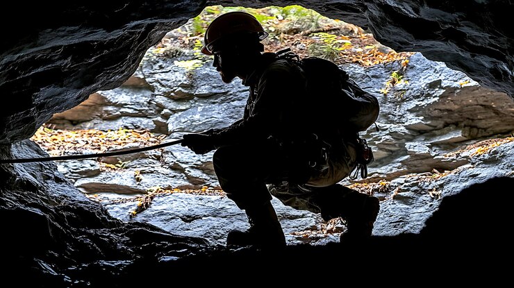 Immagine generativa di un uomo che esplora una grotta con attrezzature complete