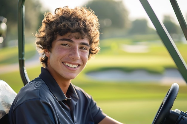 Immagine generativa di un uomo seduto in un carrello da golf con la faccia felice sul campo