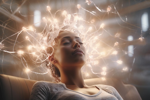 Immagine generativa di una donna che dorme durante l'ipnoterapia con una lampadina collegata alla testa