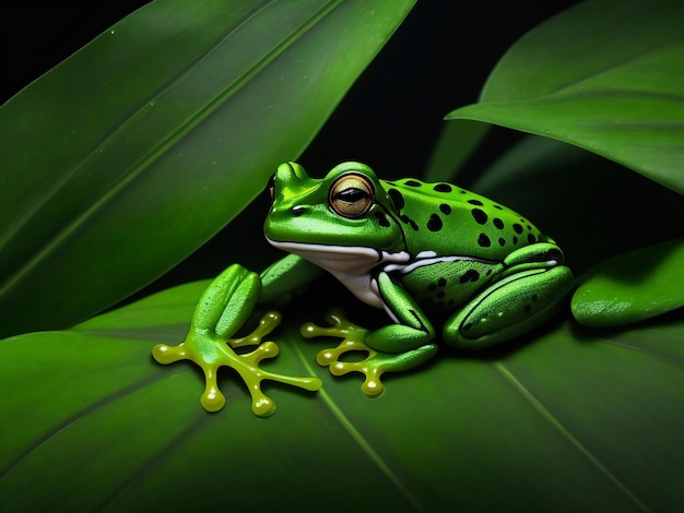 Immagine generativa di una rana verde seduta su una foglia verde di una pianta tropicale sullo sfondo nero