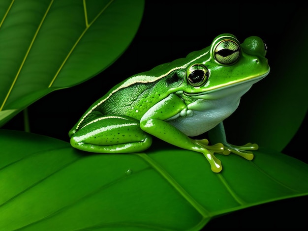 Immagine generativa di una rana verde seduta su una foglia verde di una pianta tropicale sullo sfondo nero