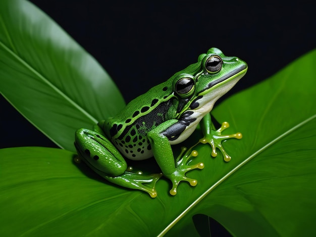 Immagine generativa di una rana verde seduta su una foglia verde di una pianta tropicale sullo sfondo nero