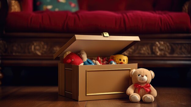 Immagine gioiosa Una scatola di donazione di giocattoli piena della promessa dei sorrisi dei bambini che incarna lo spirito di carità e sostegno per i bambini