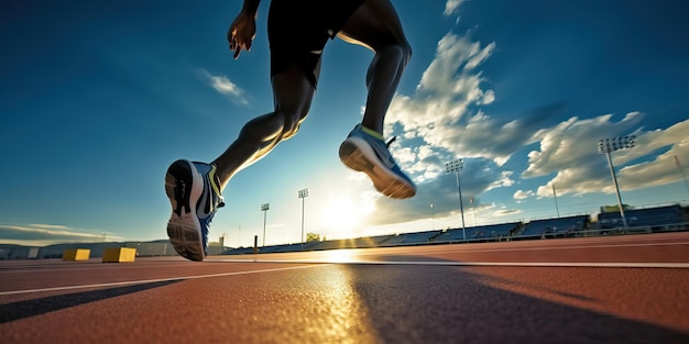 Immagine grandangolare gambe di un corridore olimpico durante una giornata di sole