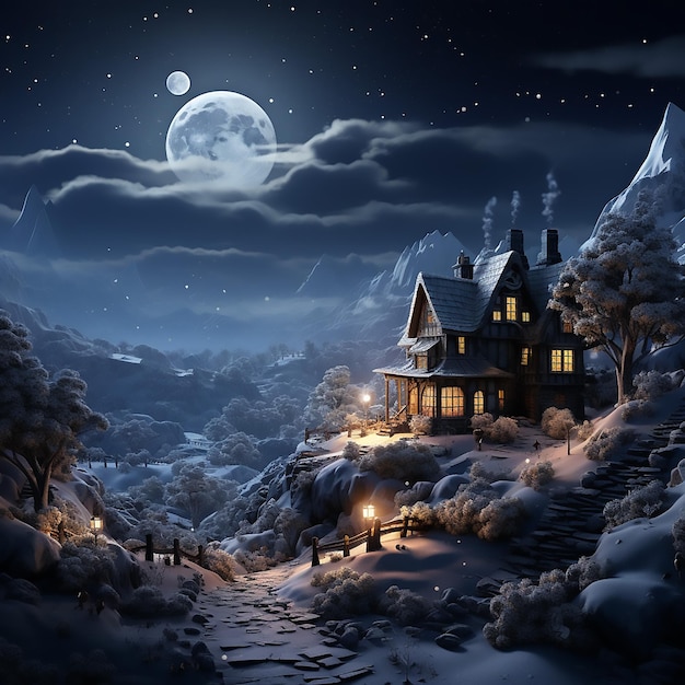 Immagine gratuita Snow House 3D Rendering in sfondo nero Winter Wonderland Concept per Creative Proj