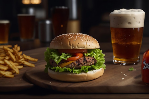 Immagine Hd di hamburger da pranzo con birra