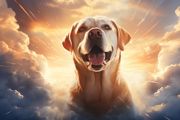 Immagine IA generativa del cane Labrador Retriever che abbaia nel cielo al tramonto