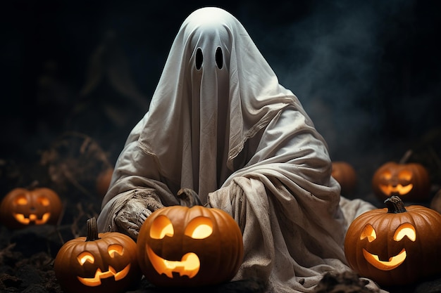 Immagine IA generativa di un fantasma spaventoso con zucche di Halloween in un luogo infestato di notte