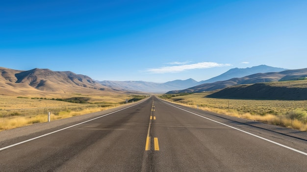 Immagine illustrativa del paesaggio con strada di campagna, strada asfaltata vuota su sfondo blu con cielo nuvoloso. Immagine orizzontale vibrante multicolore all'aperto, illustrazione AI generativa