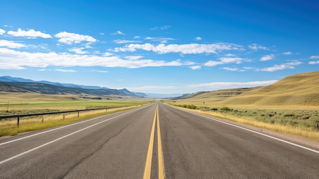 Immagine illustrativa del paesaggio con strada di campagna, strada asfaltata vuota su sfondo blu con cielo nuvoloso. Immagine orizzontale vibrante multicolore all'aperto, illustrazione AI generativa