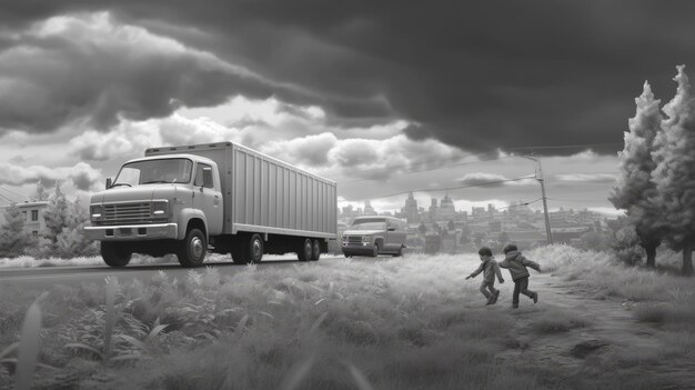 Immagine illustrativa di bambini che corrono dietro un camion di beneficenza