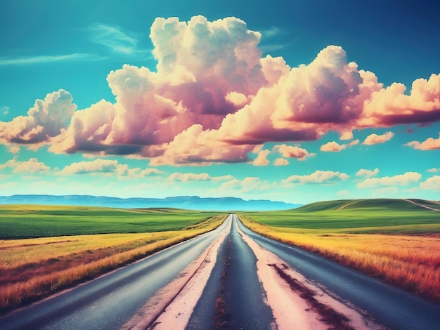 Immagine illustrativa di paesaggio con strada di campagna strada vuota di asfalto su sfondo blu nuvoloso
