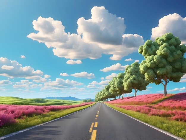 Immagine illustrativa di paesaggio con strada di campagna strada vuota di asfalto su sfondo blu nuvoloso